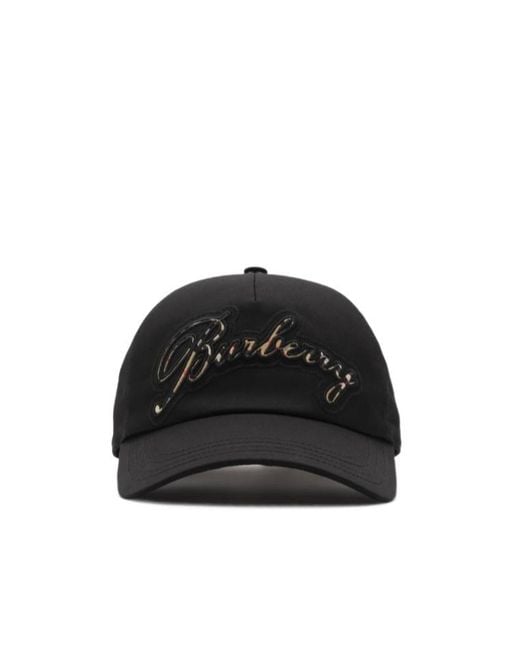 Burberry Black Check Cursive Logo Gabardine Baseball Cap for men