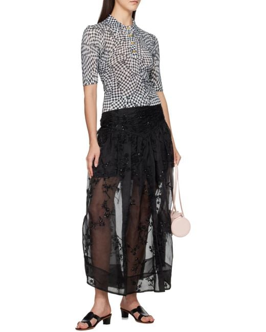 Ganni Black Sheer Printed Checked Polo Shirt