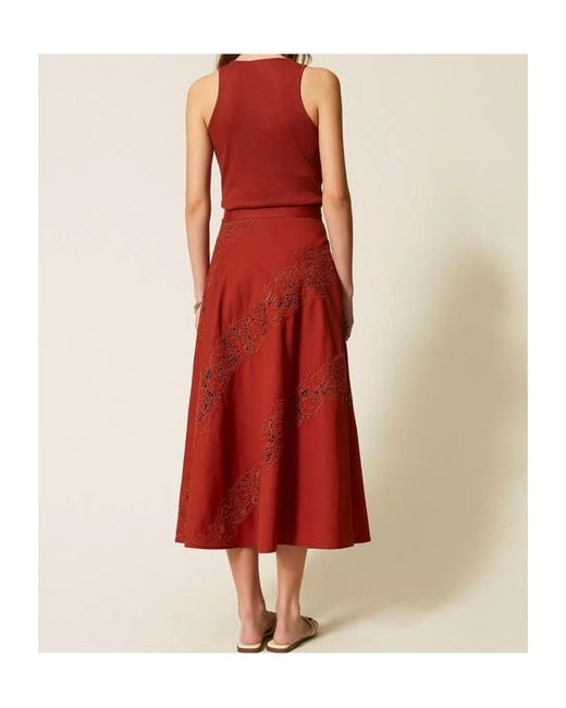 Twinset Red Long Poplin And Broderie Anglaise Skirt