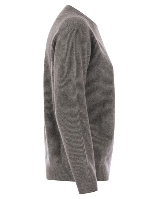 Brunello Cucinelli Gray English Rib Cashmere Sweater With Monile