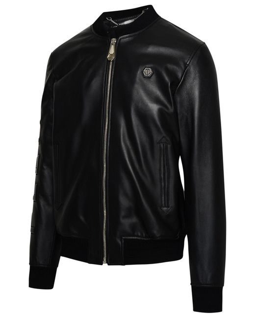 Philipp Plein Black Embossed-Logo Leather Jacket for men