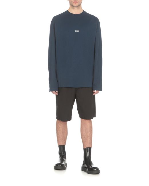 MSGM Blue Logo-Print Long-Sleeve Cotton T-Shirt for men