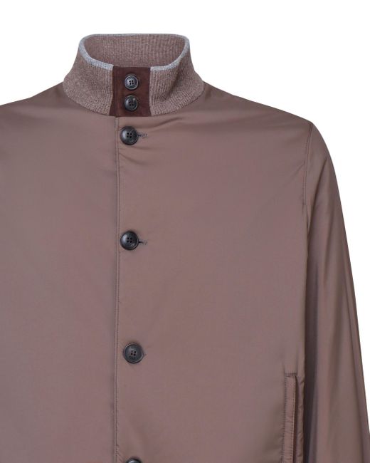 Fedeli Brown Long Sleeved High Neck Bomber Jacket for men