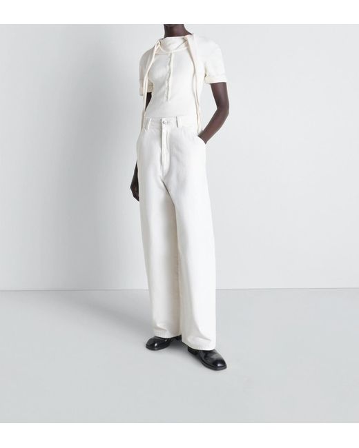 Lemaire White Buttoned Ribbed Short-Sleeved Top