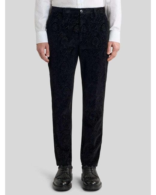 Etro Blue Cotton Velvet Trousers With Arnica Motif for men