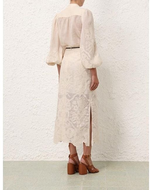 Zimmermann Natural Ottie Floral-Embroidered Midi Skirt