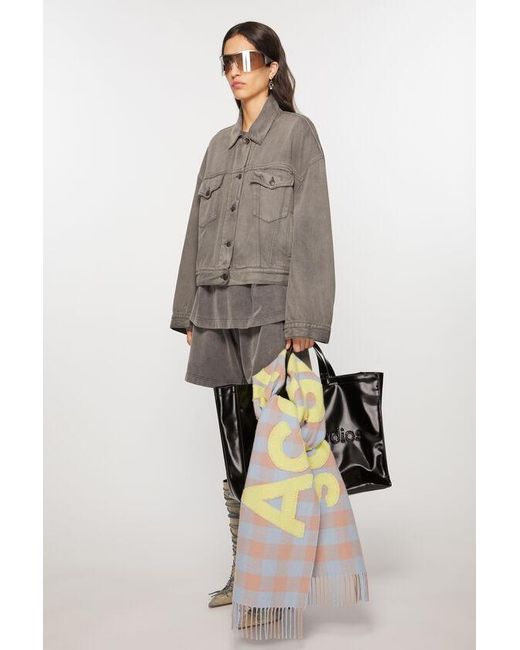 Acne White Checkered Logo Detailed Scarf for men