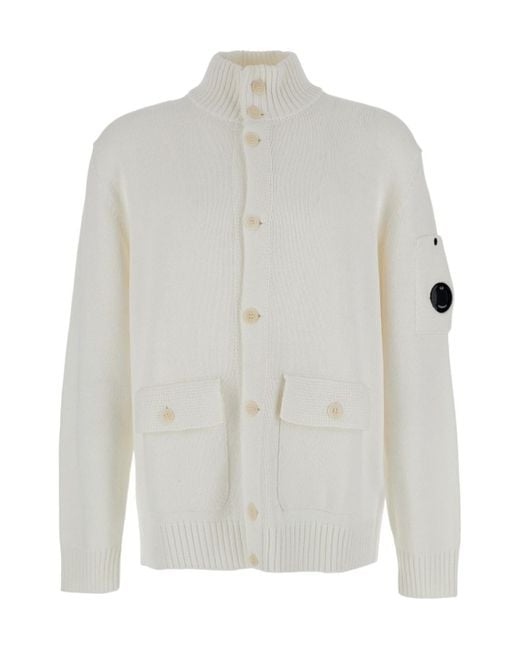 C P Company White High Neck Cardigan With Sleeve Lens for men