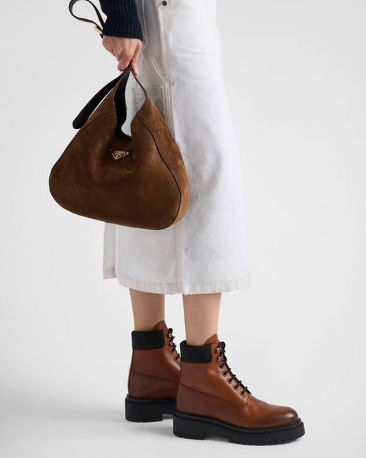 Prada Brown Logo-Debossed Lace-Up Ankle Boots