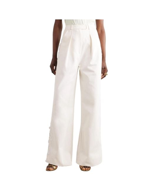 Safiyaa White Wide-Leg Trousers With Raised Lace Trim