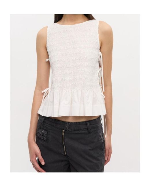 Ganni White Cotton Smock Tie Top