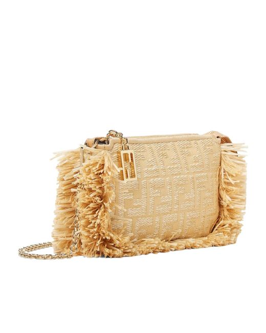 Fendi Natural Jacquard Fabric Pouch With Chain And Raffia Ff
