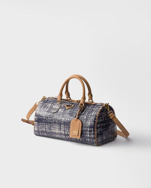 Prada Blue Medium Linen Blend And Leather Top-Handle Bag