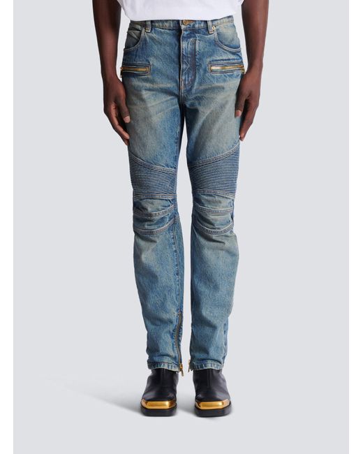 Balmain Blue Vintage Denim Biker Jeans for men