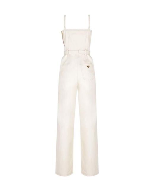Prada White Belted-Waist Sleeveless Tailored Jumpsuit