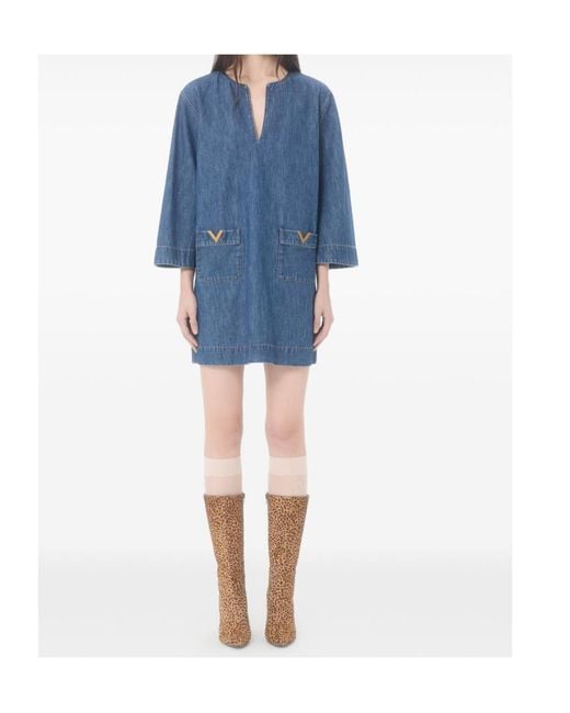 Valentino Blue Logo Plaque V-Neck Denim Dress