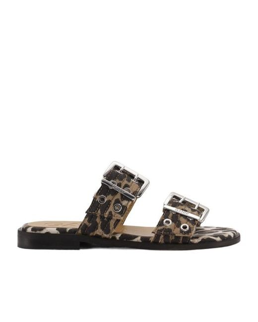 Ganni Multicolor Leopard Denim Feminine Buckle Two-Strap Sandals