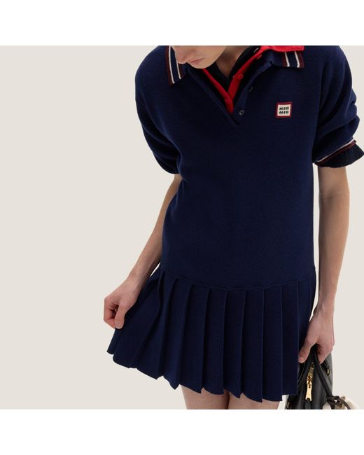 Miu Miu Blue Logo-Patch Short-Sleeved Mini Polo Dress