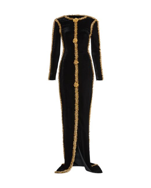Balmain Black Long Velvet Dress With Embroidered Trim
