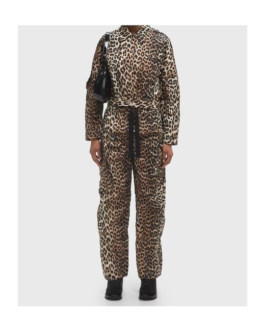Ganni Black Leopard Duchesse Nylon Cargo Trousers