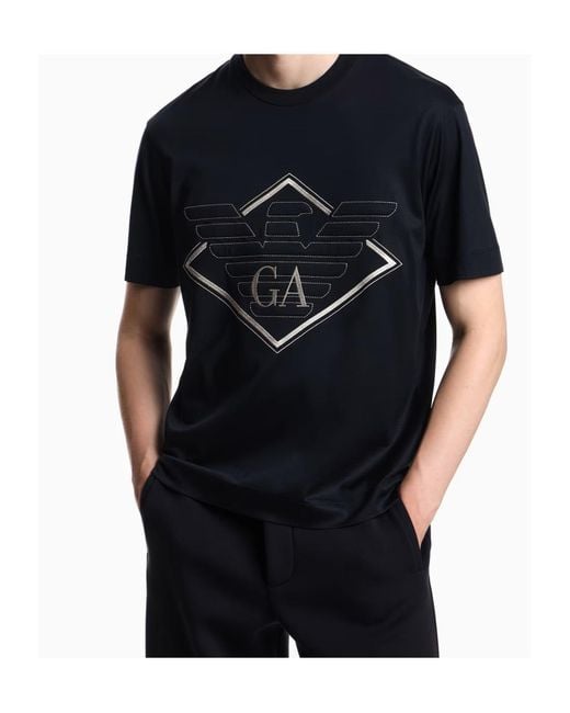 Emporio Armani Blue Logo Embroidered Crewneck T-Shirt for men