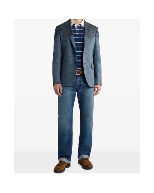 Etro Blue Single-Breasted Wool-Blend Jacket With Placed Paisley Pochette Print for men