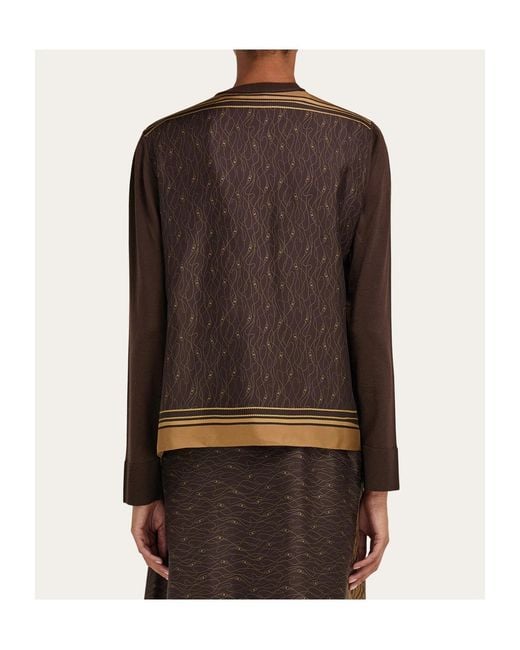 Ferragamo Brown Cardigan With Silk Panel Detail
