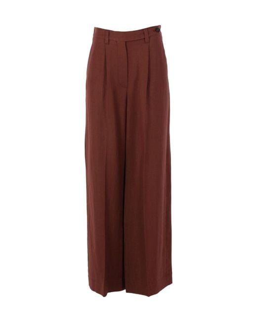 Brunello Cucinelli Brown Viscose And Linen Fluid Twill Wide Trousers With Monili