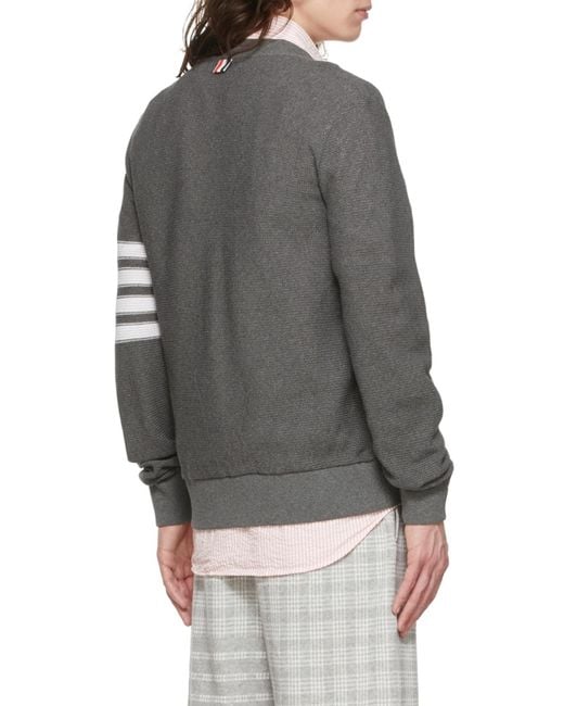 Thom Browne Gray Striped V-Neck Cardigan for men