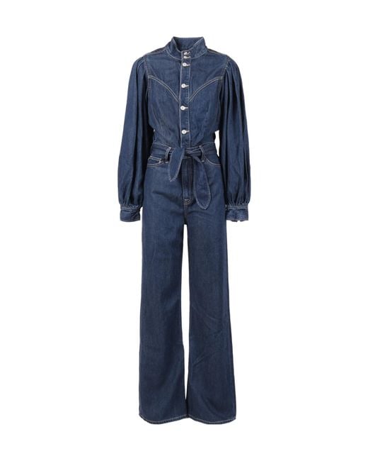 7 For All Mankind Blue Jo Tie-Waist Long-Sleeve Jumpsuit