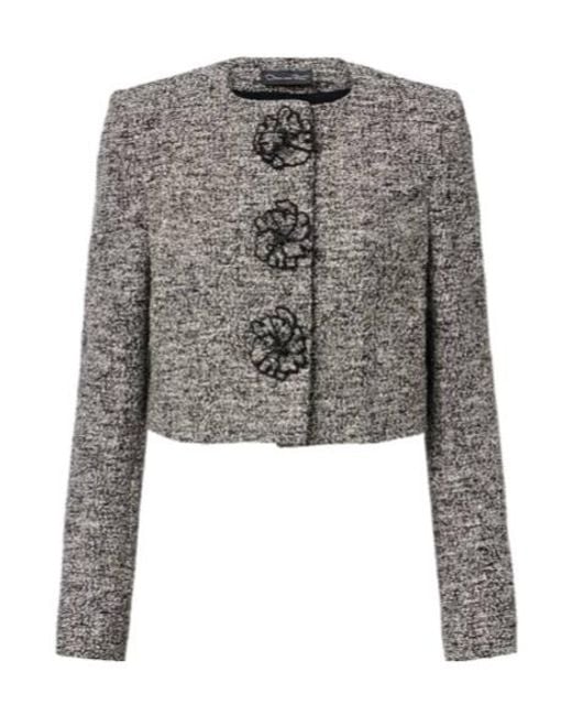 Oscar de la Renta Gray Floral-Appliqué Cotton-Blend Tweed Jacket