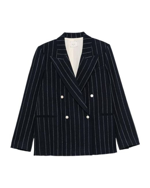 Alysi Blue Wool-Blend Striped Double-Breasted Coat