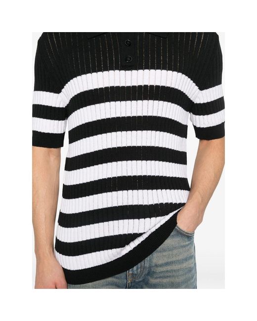 Balmain Black Stripe Patterned Short-Sleeve Knit Polo Shirt for men