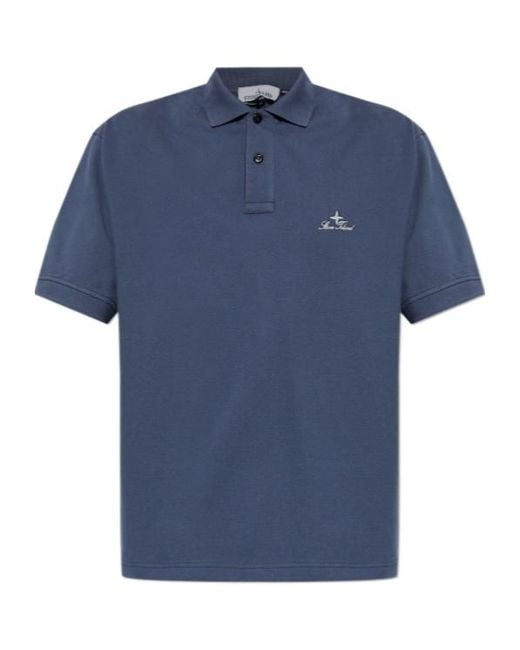 Stone Island Blue Logo Embroidered Polo Shirt for men