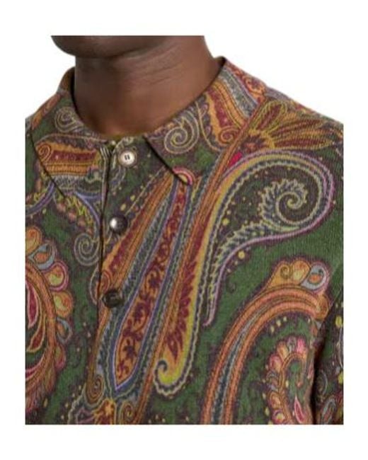 Etro Brown Long-Sleeved Wool Polo Shirt With Degradé Paisley Motif for men