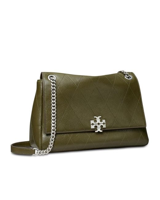 Tory Burch Green Medium Quilted Logo-Plaque Shoulder Bag