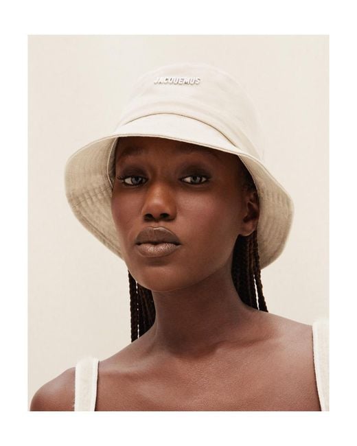 Jacquemus White Logo Plaque Drawstring Bucket Hat for men