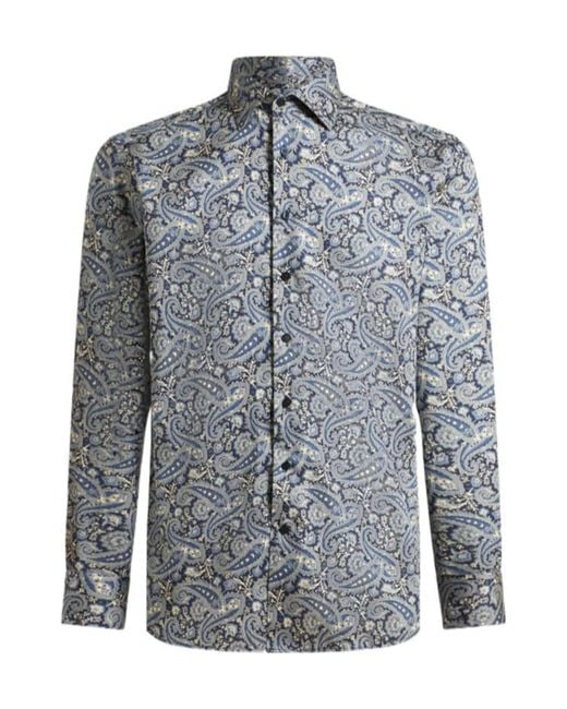 Etro Blue Paisley-Printed Long Sleeved Shirt for men
