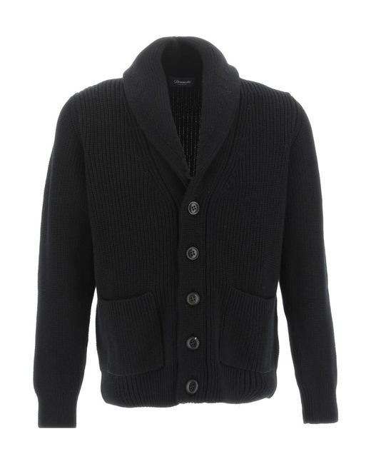Drumohr Black Shawl-Lapel Ribbed-Knit Cardigan for men