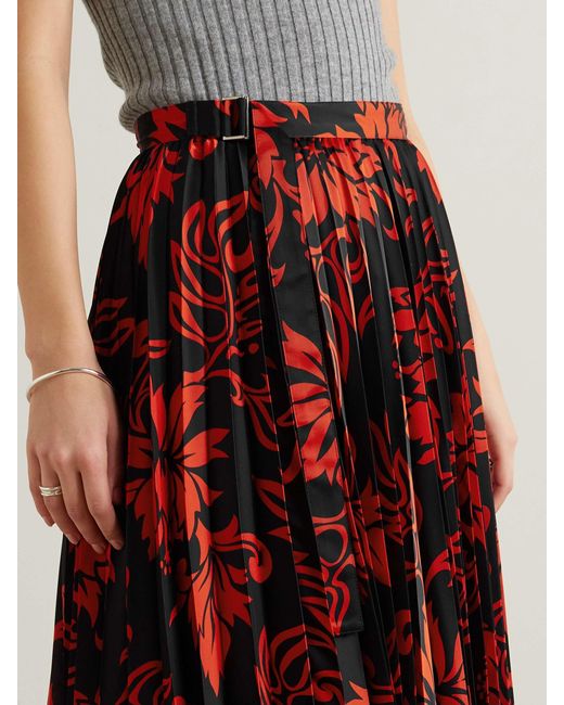Sacai Red Pleated Floral-Print Satin Midi Skirt