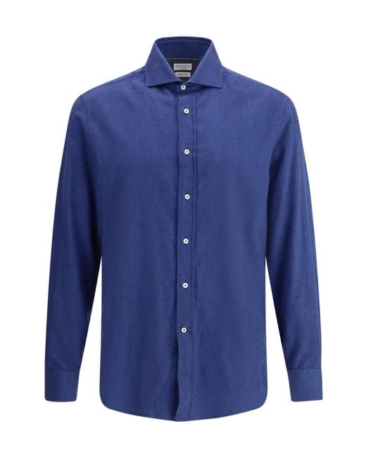 Brunello Cucinelli Blue Long-Sleeved Buttoned Shirt for men