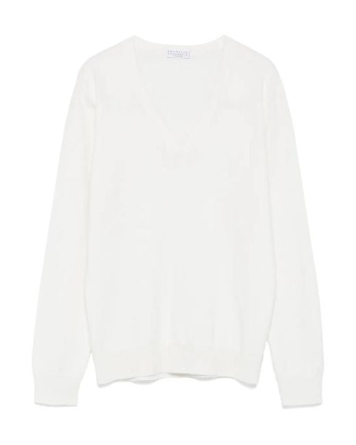 Brunello Cucinelli White V-Neck Sweater