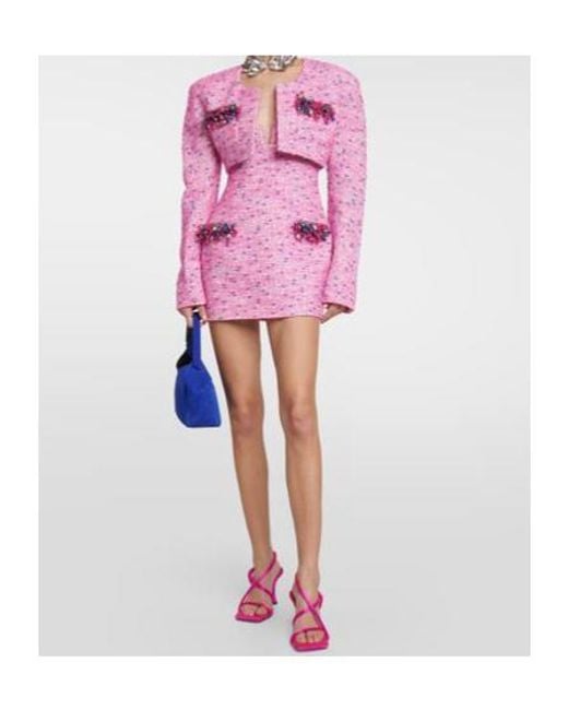 Area Pink Embellished Bouclé Cropped Jacket