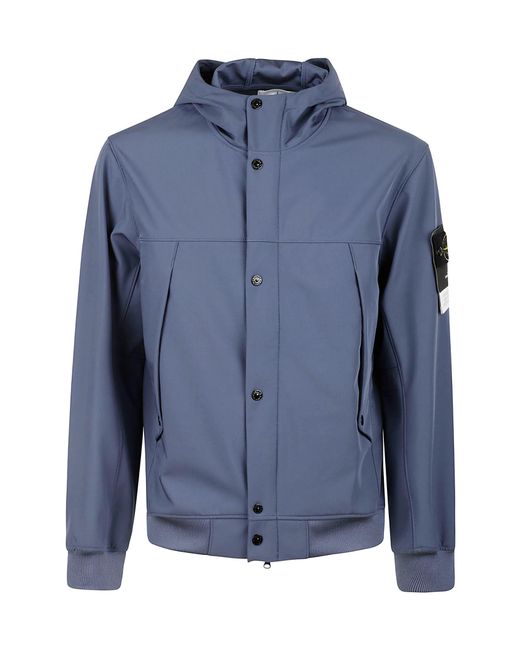 Stone Island Blue Button-Up Hooded Jacket for men