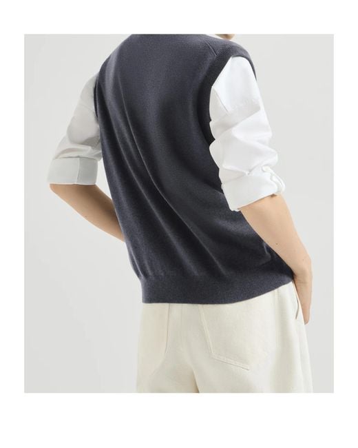 Brunello Cucinelli Blue Cashmere Sweater Vest With Monili