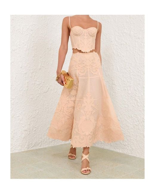 Zimmermann Natural Floral Appliqué Midi Skirt