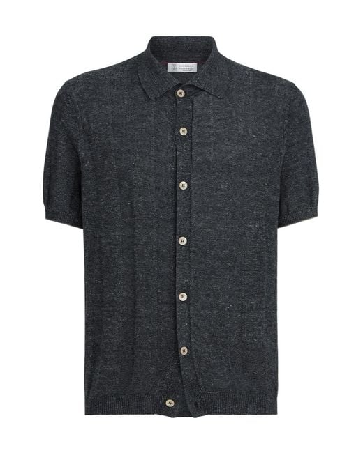 Brunello Cucinelli Black Linen And Cotton Textured Rib Short Sleeve Knit Shirt for men