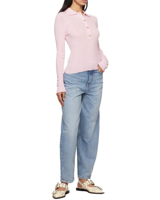 Ganni Pink Long-Sleeved Knitted Polo Top