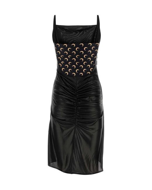 MARINE SERRE Black Crescent Moon-Printed Ruched Midi Dress