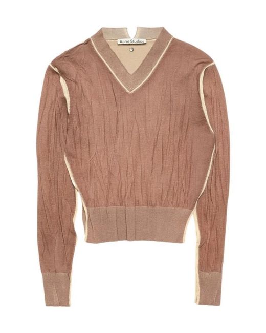 Acne Brown Crumpled V-Neck Knitted Sweater